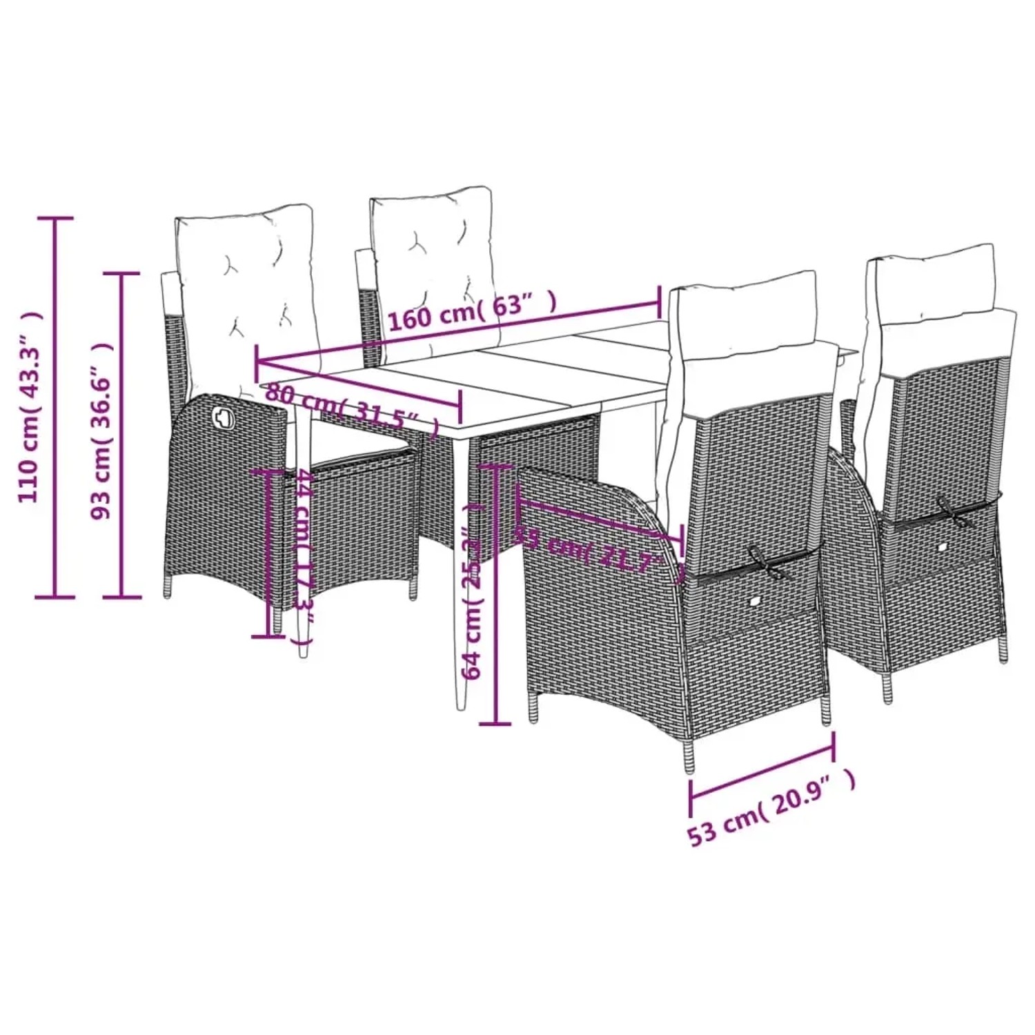 vidaXL 5-Tlg. Garten-Essgruppe aus braunem Rattan mit Tisch und Stühlen mit Kissen, Maße eingezeichnet.