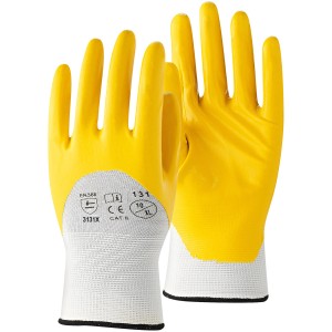 Gelb-beige Workpower Nitril Arbeitshandschuhe, Gr. 9, teilbeschichtet für optimalen Grip.