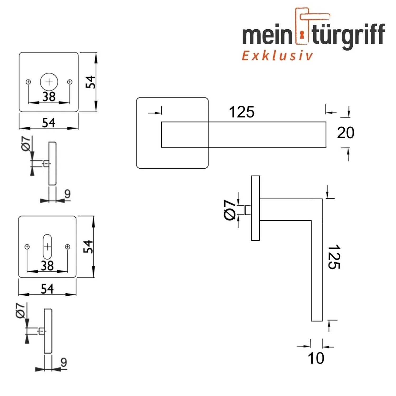 Technische Zeichnung: MeinTürgriff Drückergarnitur Trento Edelstahl, eckige Rosetten, Maße und Details.