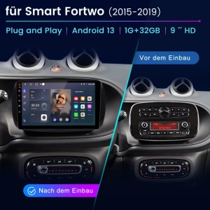 Junsun Autoradio für Smart Fortwo (2014-2022), Vorher-Nachher-Vergleich des Einbaus.
