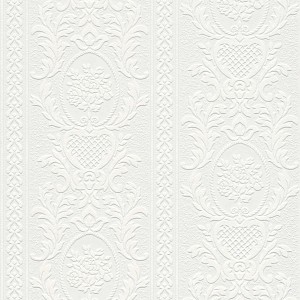 Weiße Barock Tapete Giulia M1 No 2063 mit floralen Ornamenten und klassischem Design.
