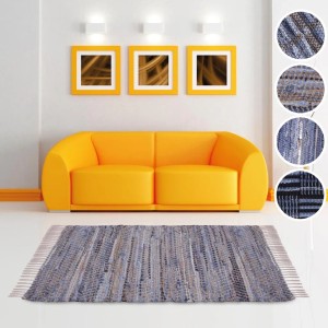 Bestlivings Jeans Flickenteppich 60x90 cm, blau-grau. Handgefertigter Wollteppich mit Fransen.