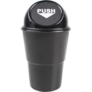 Schwarzer Auto-Mülleimer mit Deckel und Push-Funktion für Getränkehalter.