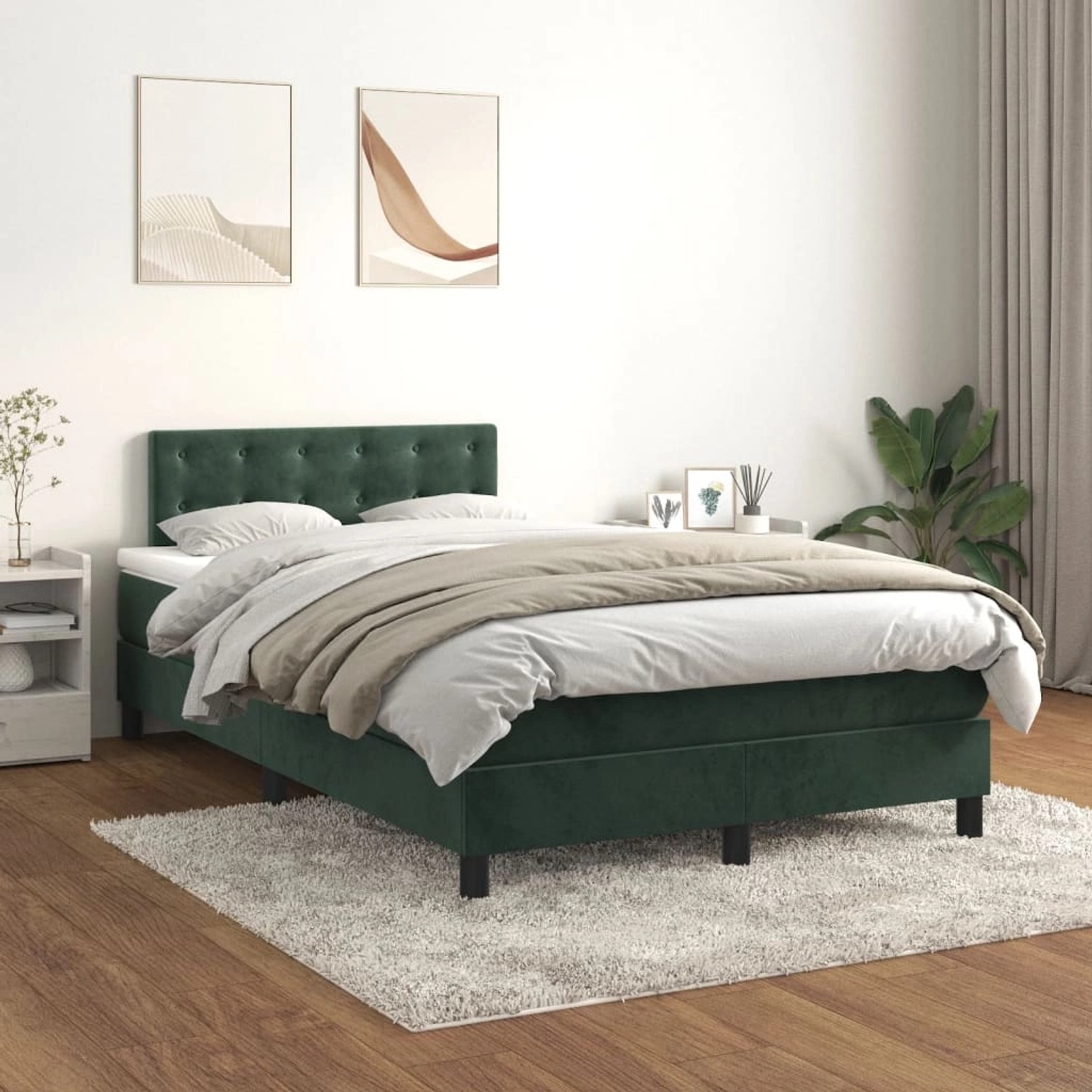 Dunkelgrünes Boxspringbett (120x200 cm) mit Matratze und Samtbezug im Schlafzimmer.