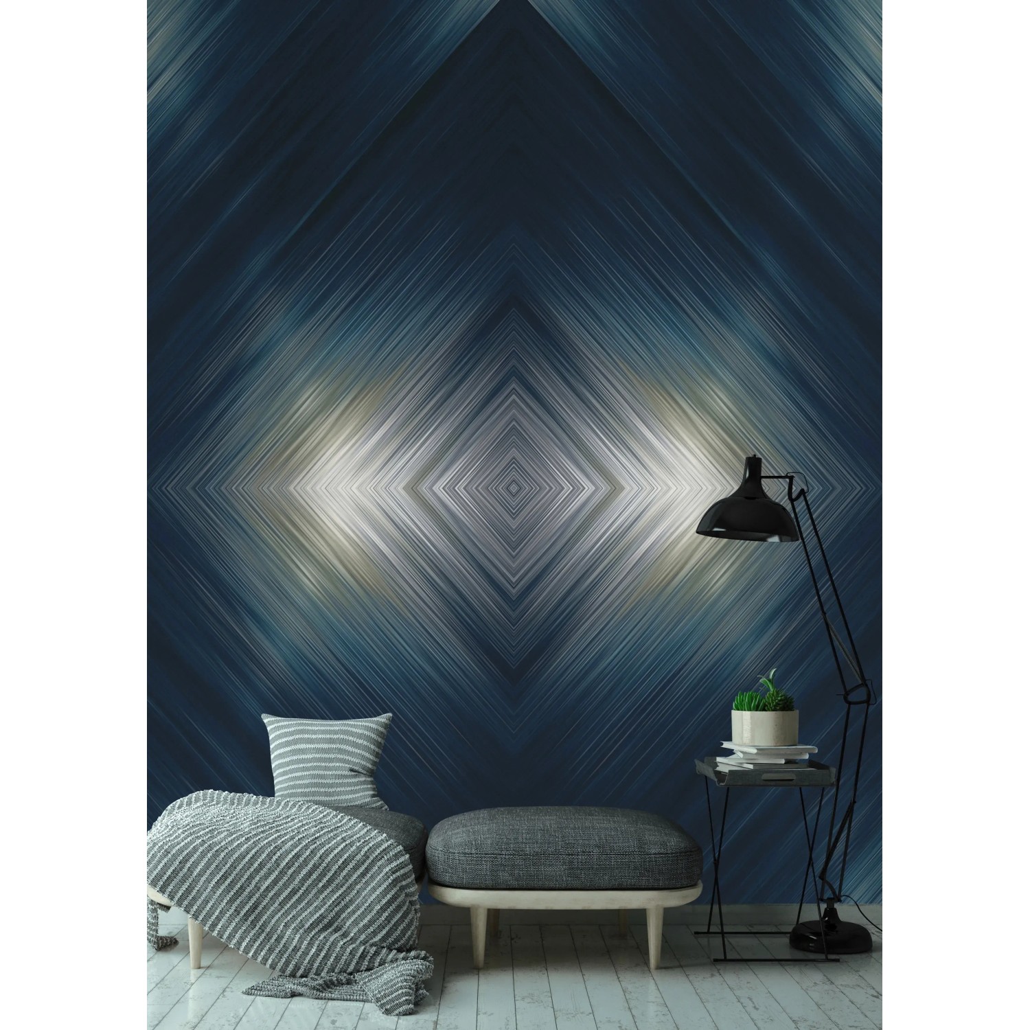 Erismann Fototapete Lightning Blau mit geometrischem Rautenmuster für eine moderne Wandgestaltung.