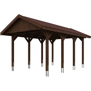 Satteldach-Carport Wallgau in Nussbaum mit roten Dachschindeln, stabile Holzkonstruktion.