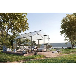 KGT Gewächshaus Ortasia IV, anthrazitgrau, 12,74 m², mit geöffneter Tür und Sitzgruppe im Inneren.