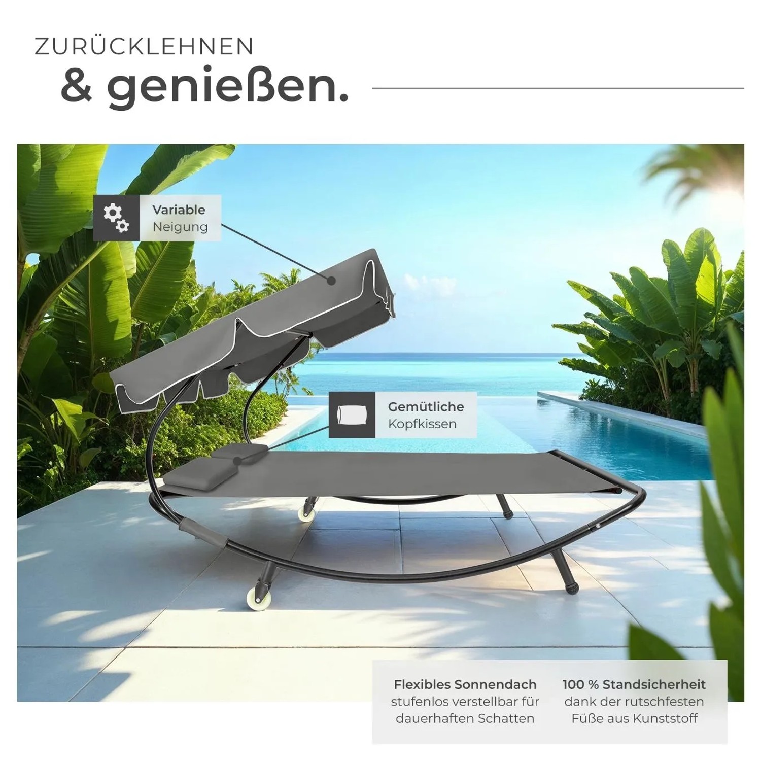 Tectake Gartenliege Livorno für 2 Personen, schwarz-grau, mit stufenlos verstellbarem Sonnendach & Kopfkissen. Robustes Metallgestell.