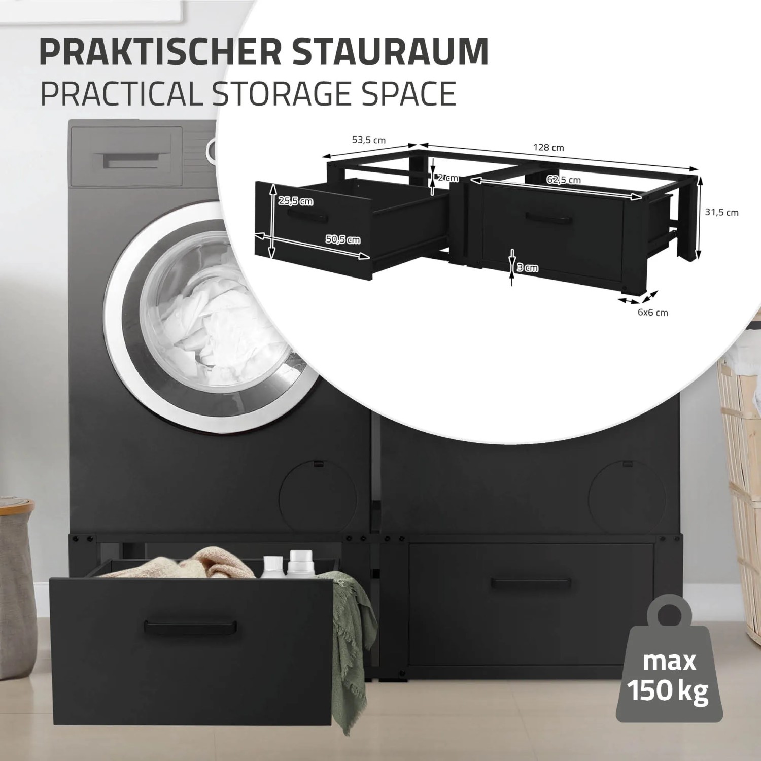 ML-Design Doppel Waschmaschinen Untergestell schwarz mit Schubladen und Maßangaben.
