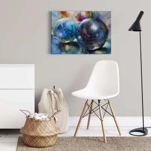 Modernes Wandbild mit blau-türkisen Kugeln im abstrakten Stil für Wohnzimmer und Schlafzimmer.