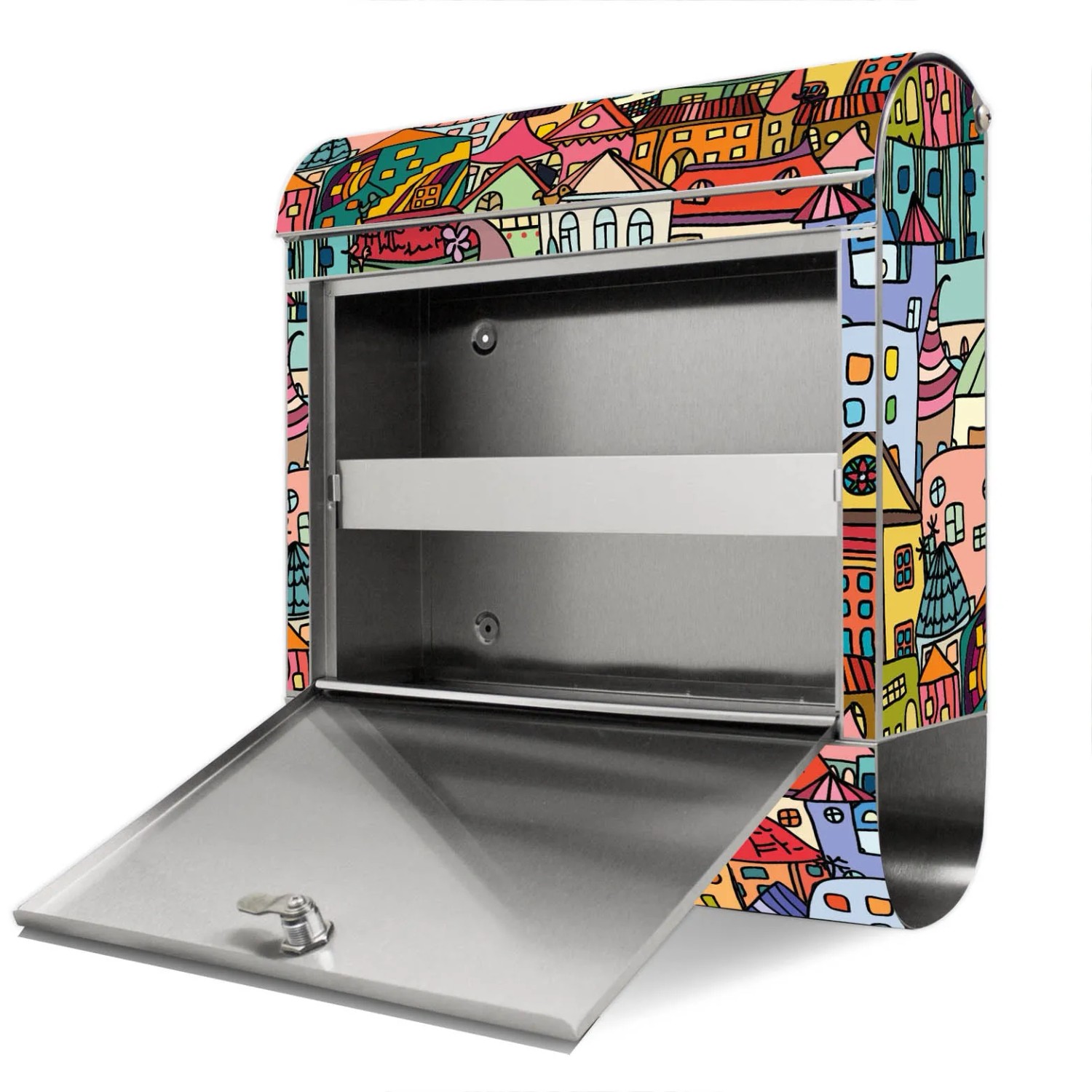 Offener Banjado Briefkasten aus Edelstahl mit Funky Town Motiv und Zeitungsfach.