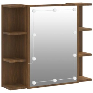Brauner Spiegelschrank in Eichen-Optik mit LED-Beleuchtung, zentralem Spiegel und offenen Ablagefächern an den Seiten.