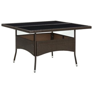 Brauner Garten-Esstisch aus Poly Rattan mit Glasplatte, quadratisch, für 4 Personen.