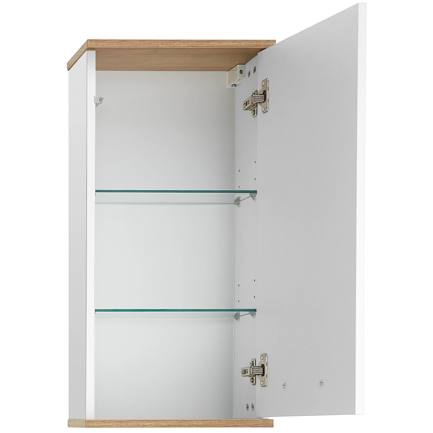 Pelipal Wandschrank, Quickset 923, offen. Weißes Badmöbel mit Riviera Eiche Dekor und zwei Glasböden.