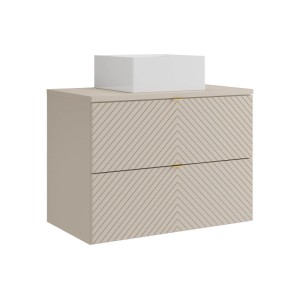 Beiger hängender Waschbeckenunterschrank Dorioni 80 cm mit Chevron-Muster und weißem Aufsatzwaschbecken.