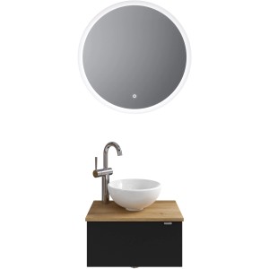 Pelipal Badmöbel-Set Serie 6915, Schwarz/Halifax Eiche, mit Aufsatzbecken und LED-Spiegel, 70 cm.