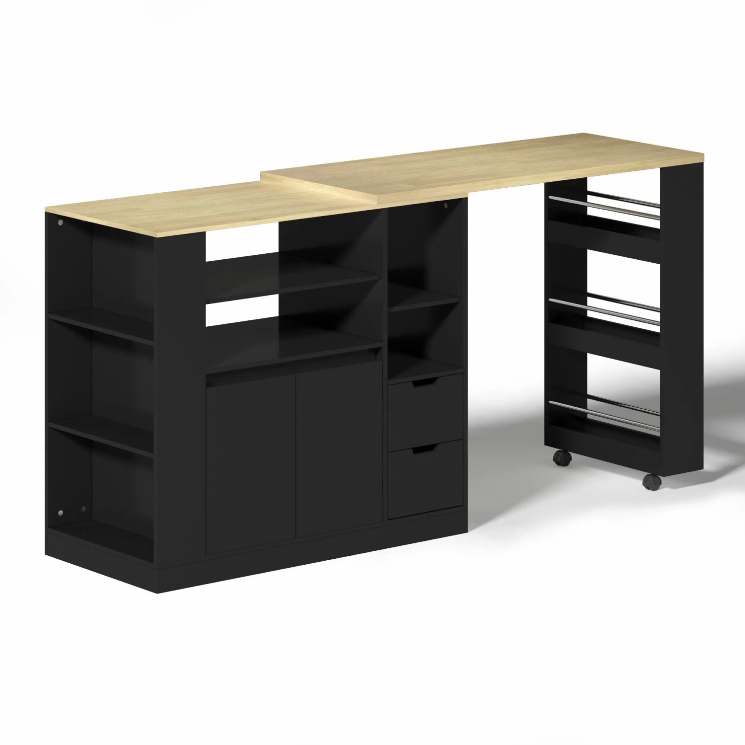 okwish Kücheninsel mit Ausziehbarer Arbeitsplatte Schubladen Regalen 115x50x92cm Schwarz