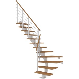 Dolle Mittelholmtreppe Hamburg, Eiche, 1/4 gewendelt, mit weißem Geländer.