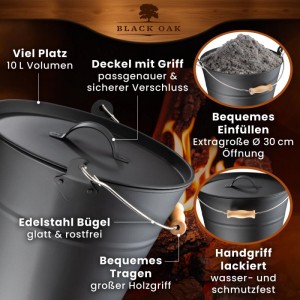 BLACK OAK Ascheeimer FOGO 10L mit Deckel, Schaufel und Feger für Kamin & Grill.
