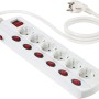 Weiße 6-fach Tischsteckdosenleiste mit 1,5 m Kabel und roten Schaltern.