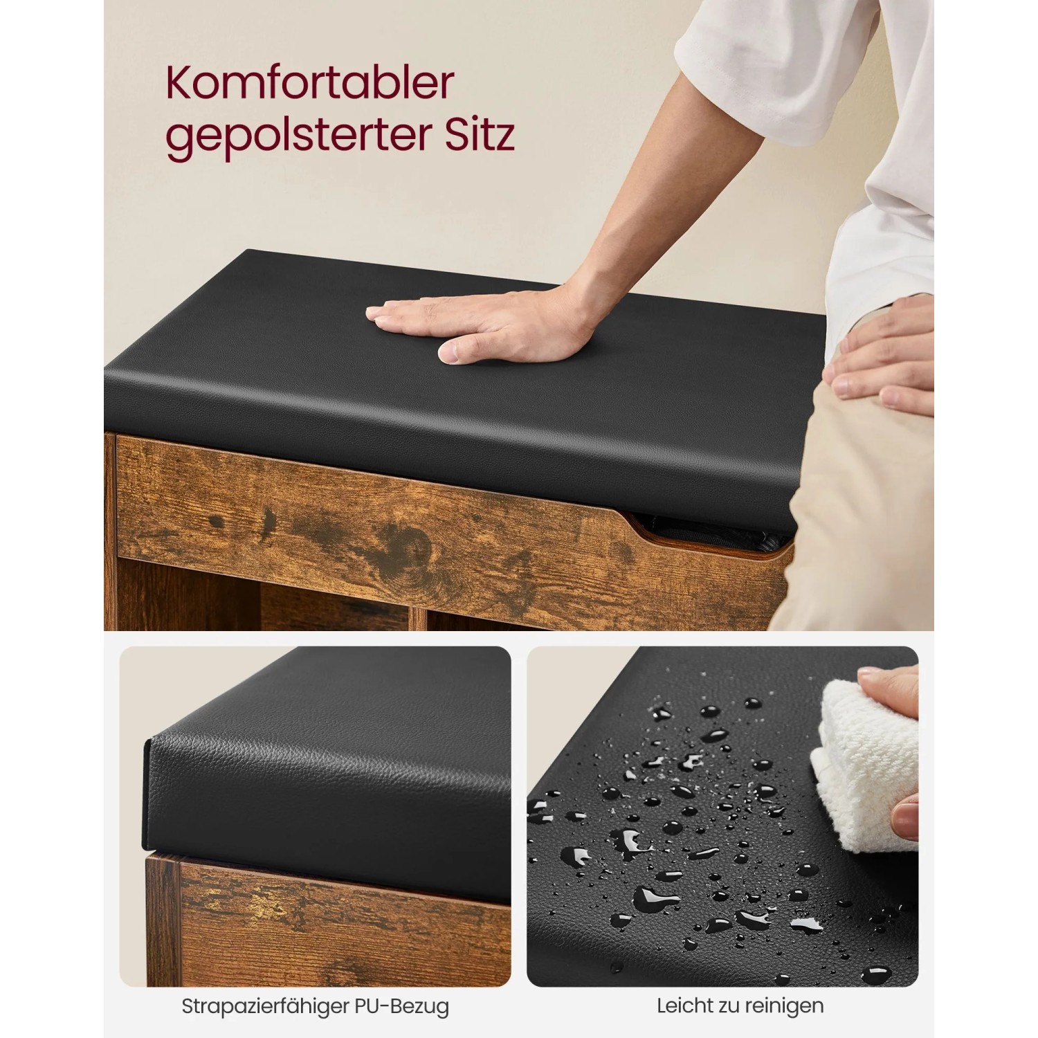Vasagle Schuhbank Vintagebraun mit Sitzfläche aus PU-Leder und Stauraum für Schuhe.