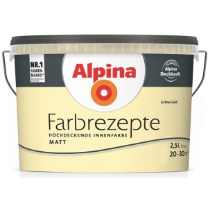 Eimer Alpina Farbrezepte Lichtes Gelb, matte Innenfarbe für Wände, 2,5 Liter.