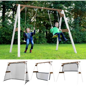 Axi 4-in-1 SportsFun Schaukel mit 2 Kindern, plus Netze für Fußball, Tennis und Volleyball.