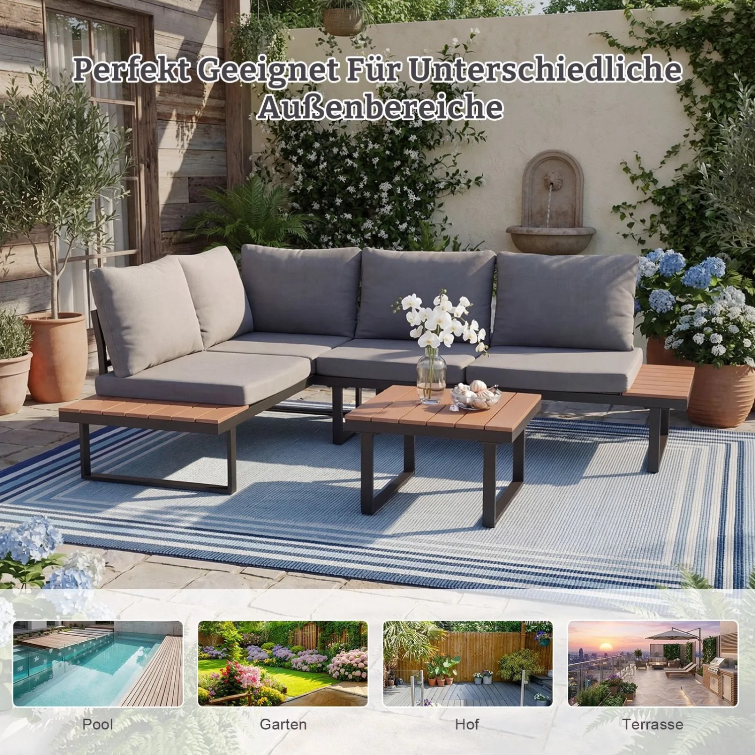 HOMAVO Gartenlounge-Set für 4 Personen mit Couchtisch und wasserfesten Abdeckungen.