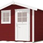 Schwedenrotes Gartenhaus 123 mit Satteldach, weißer Tür und Fenster. Holz-Gartenhaus.