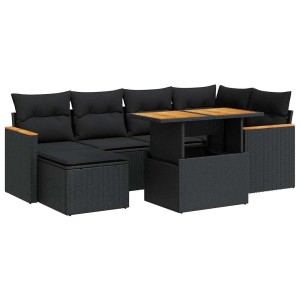 Schwarze 7-tlg. vidaXL Garten-Sofagarnitur aus Poly Rattan mit Tisch und Kissen.