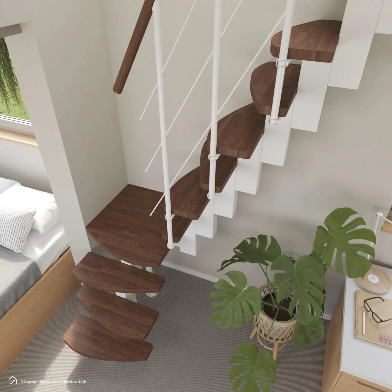 Treppen Intercon Raumspartreppe Quadro Mittelholmtreppe 13 Stufen Buche Dunkel Walnuss Massiv Metallfarbe Polar-Weiß Einseitiges Geländer_5