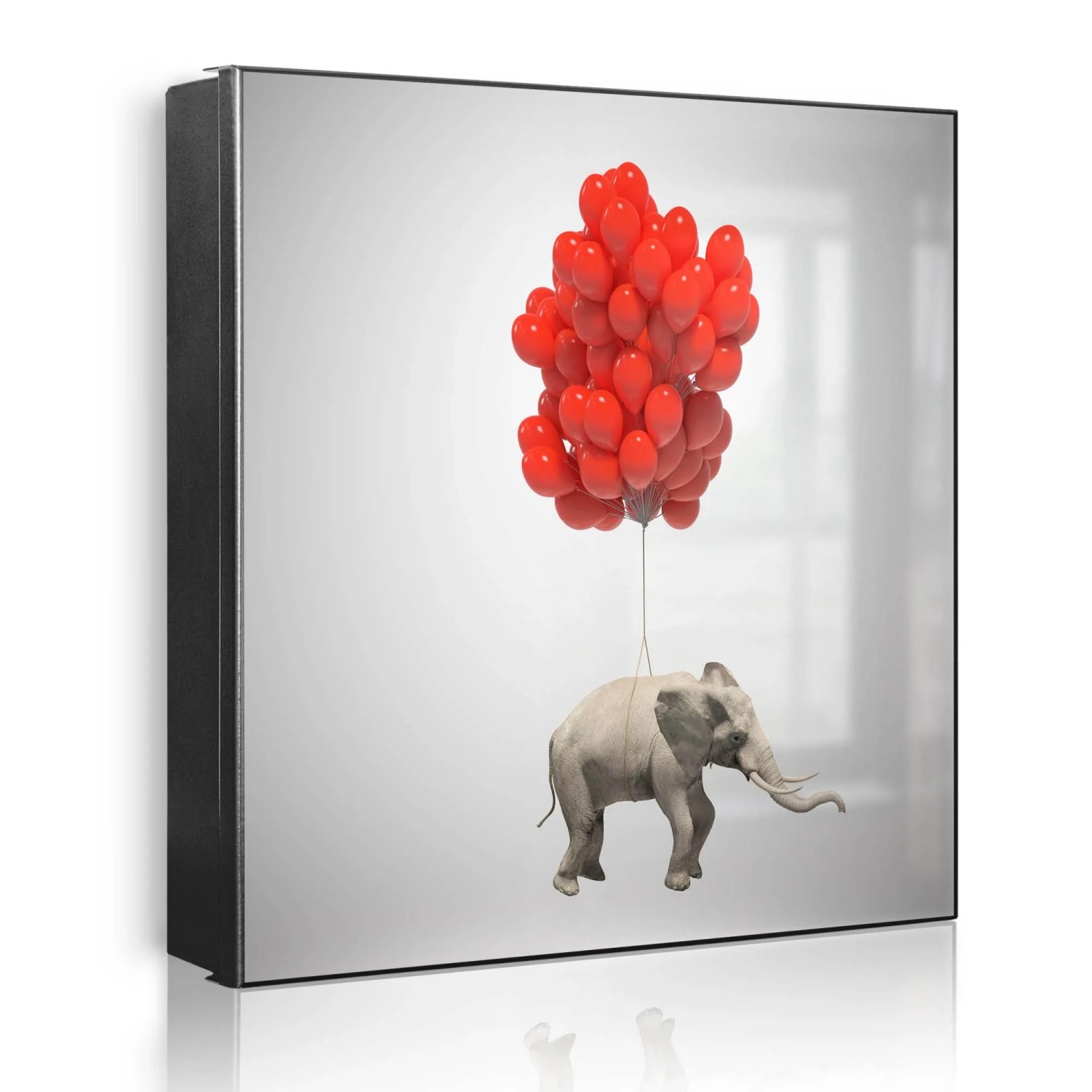 Banjado Großer Schlüsselkasten Metall 30x30cm Schwarz Scharnier Links 50 Haken Beschreibbar Magnetisch Motiv Fliegender Elefant
