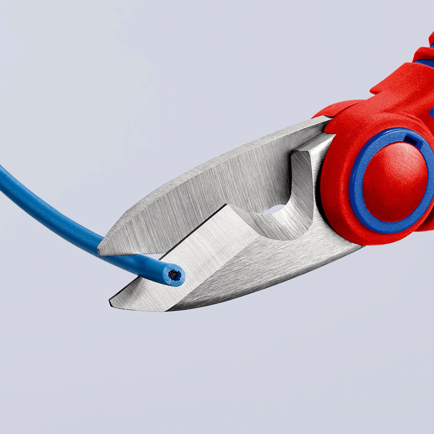 Knipex Elektrikerschere 160 mm schneidet blaues Kabel. Zange mit rot-blauem Griff.