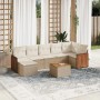 Beige 8-tlg. Garten-Sofagarnitur aus Poly Rattan mit cremeweißen Kissen und Tisch. Gartenmöbel für Terrasse und Garten.