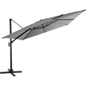 Grauer Ampelschirm Fairfield, Ø 300 cm, mit Kurbel und Schirmständer. Ideal für sonnige Tage im Garten.