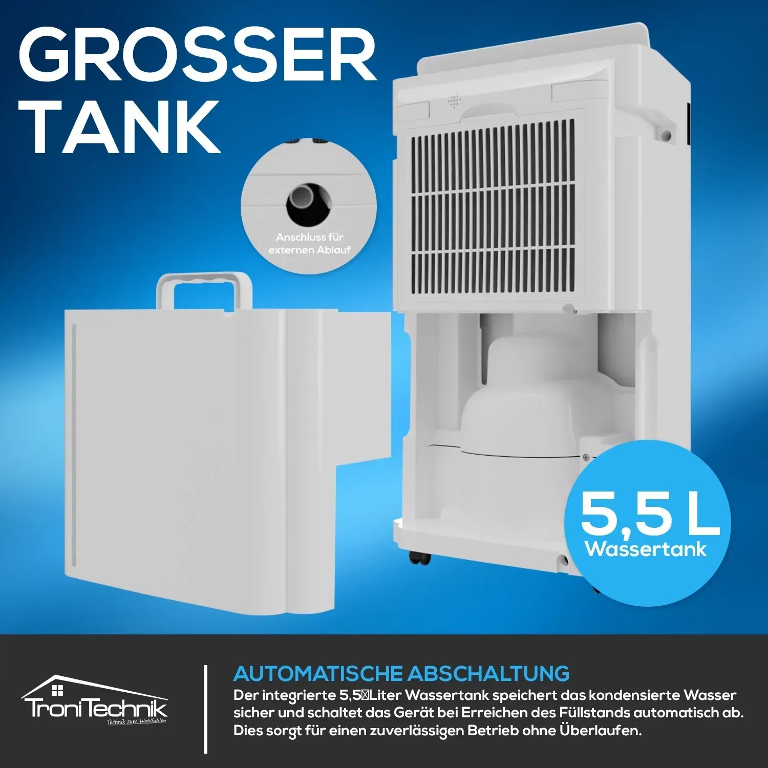 TroniTechnik Luftentfeuchter EF04: Detailaufnahme des 5,5L Wassertanks und Anschluss für externen Ablauf.