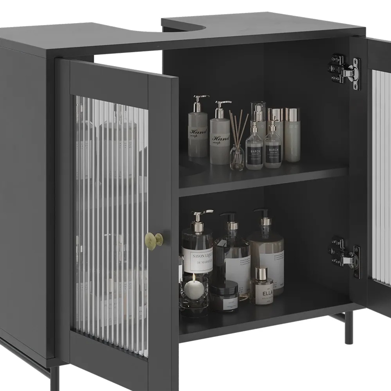 Grauer Vicco Waschbeckenunterschrank Malte (60x58 cm) mit Glastüren und zwei Ablageflächen.