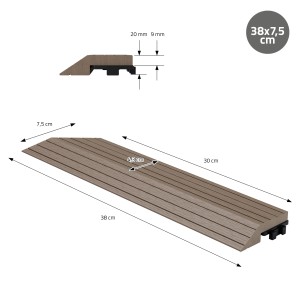 Dunkelbraune ML-Design WPC Abschlussleiste Ecke links für WPC-Fliesen, Detailansicht mit Maßen.
