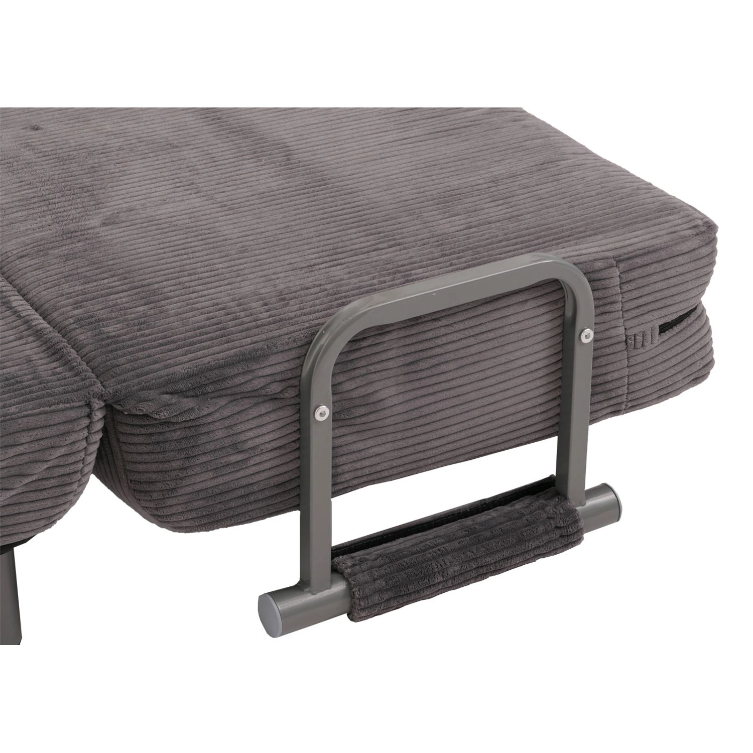 Detailaufnahme: Dunkelgrauer MCW Schlafsessel K29 mit Cordbezug und Armlehne.