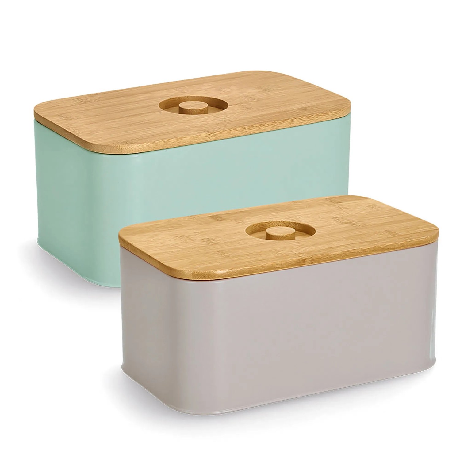 Zwei Zeller Brotkästen aus Metall mit Bambusdeckel in Beige und Mintgrün.