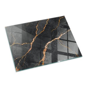 Rechteckige Funkenschutzplatte aus Glas mit Marmor-Optik in Schwarz und goldenen Adern für Kamin und Öfen.
