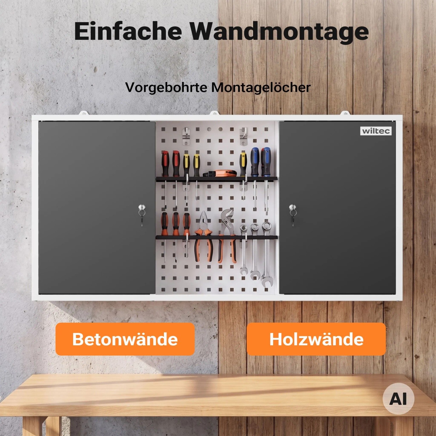 Grauer Wiltec Hängeschrank mit Lochwand, Werkzeugen und abschließbaren Türen. Zeigt einfache Wandmontage in der Werkstatt.