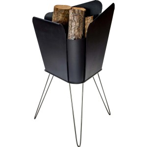 VASNER Merive M2 Feuerkorb, mittelhoch, abgerundet, schwarz, mit Holzfüllung.