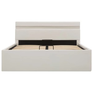 Weißes Stauraumbett mit LED-Beleuchtung, Kunstleder, 140x200 cm. Bett mit Lattenrost und Stauraum.