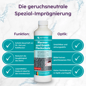 Hotrega Marmor & Granit Fleckschutz 500 ml. Spezial-Imprägnierung für Naturstein. Schützt vor Öl, Fett, Kalk. Unsichtbar, atmungsaktiv.