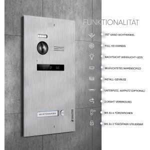 Balter EVO-HD Video-Türsprechanlage mit silber-weißer Türstation aus Metall und Full-HD-Kamera.