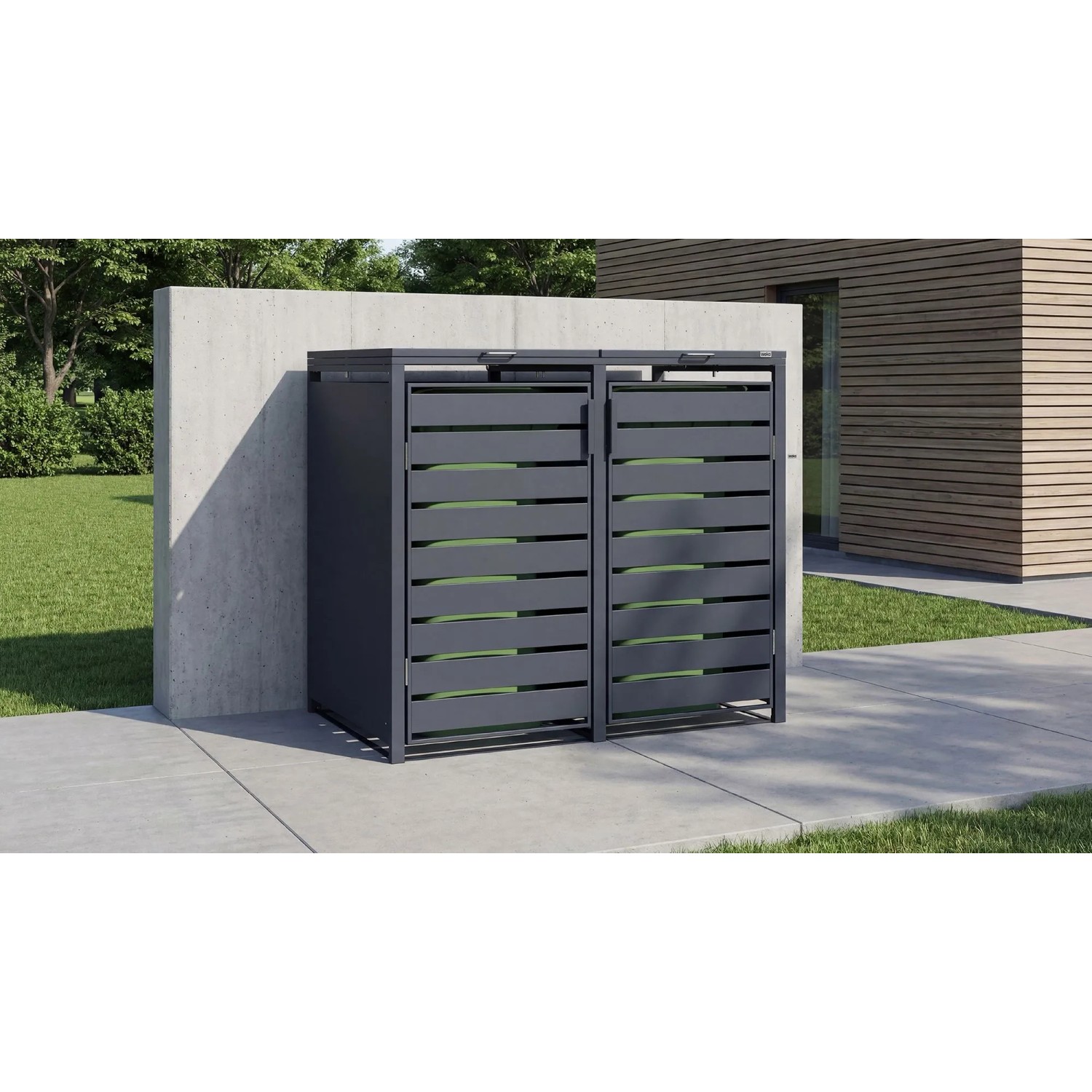 Weka Metall-Mülltonnenbox Gary für 2 Tonnen in Anthrazit vor Hauswand.