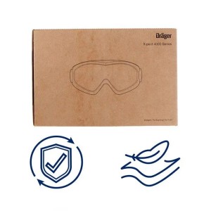 Dräger X-pect 4400 Sicherheitsbrille in Verpackung mit Schutz- und Komfort-Symbolen. Kratzfest, klar, Universalgröße.