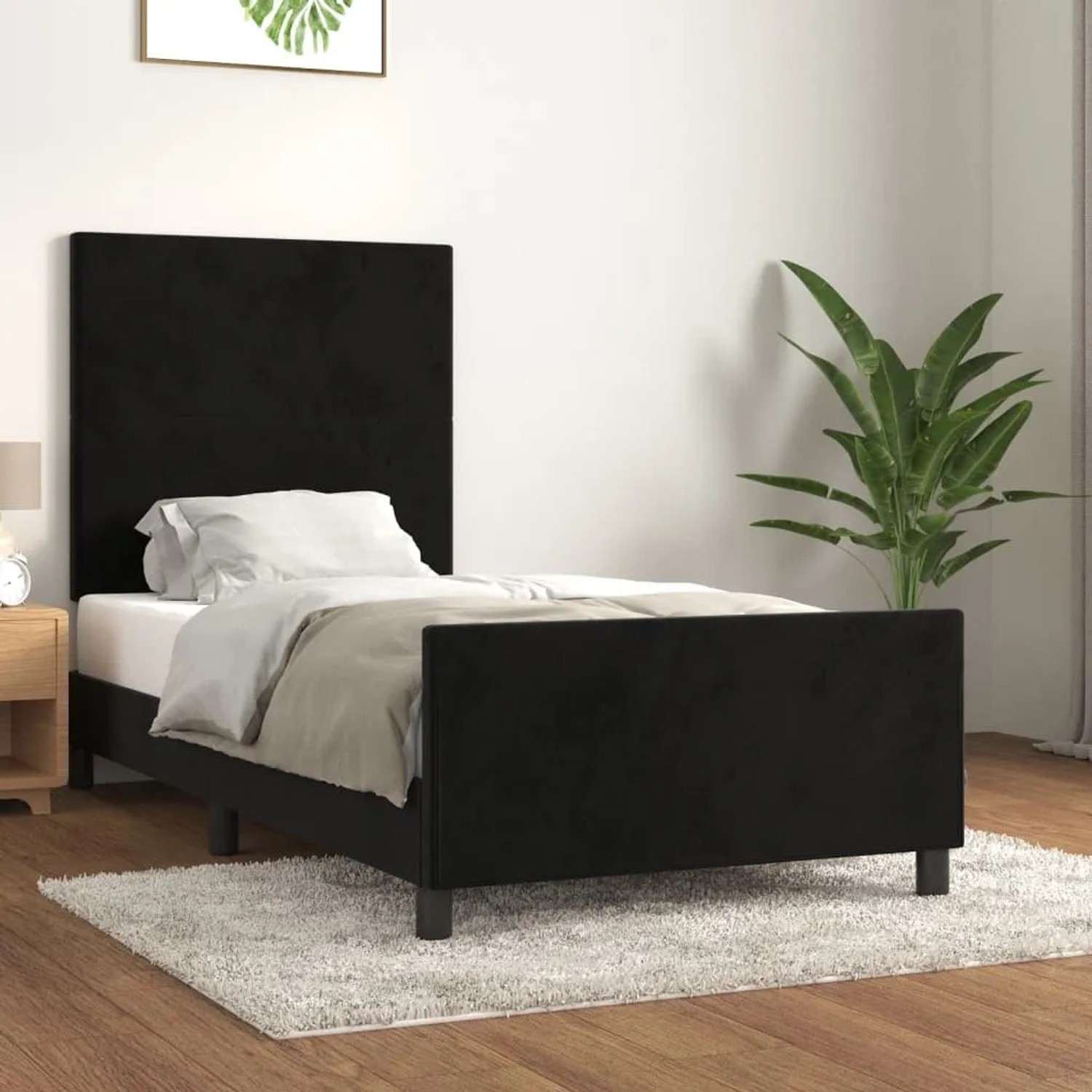 Schwarzes Samt Bettgestell (80x200 cm) mit Kopfteil für Schlafzimmer.