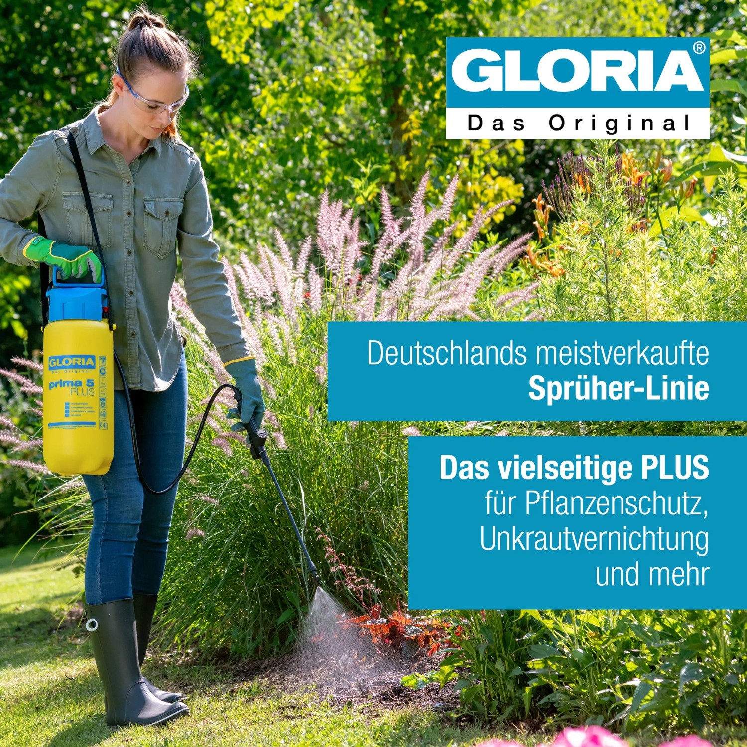 Gelbes Gloria Drucksprühgerät Prima 5 Plus 5 l im Einsatz zur Gartenpflege.